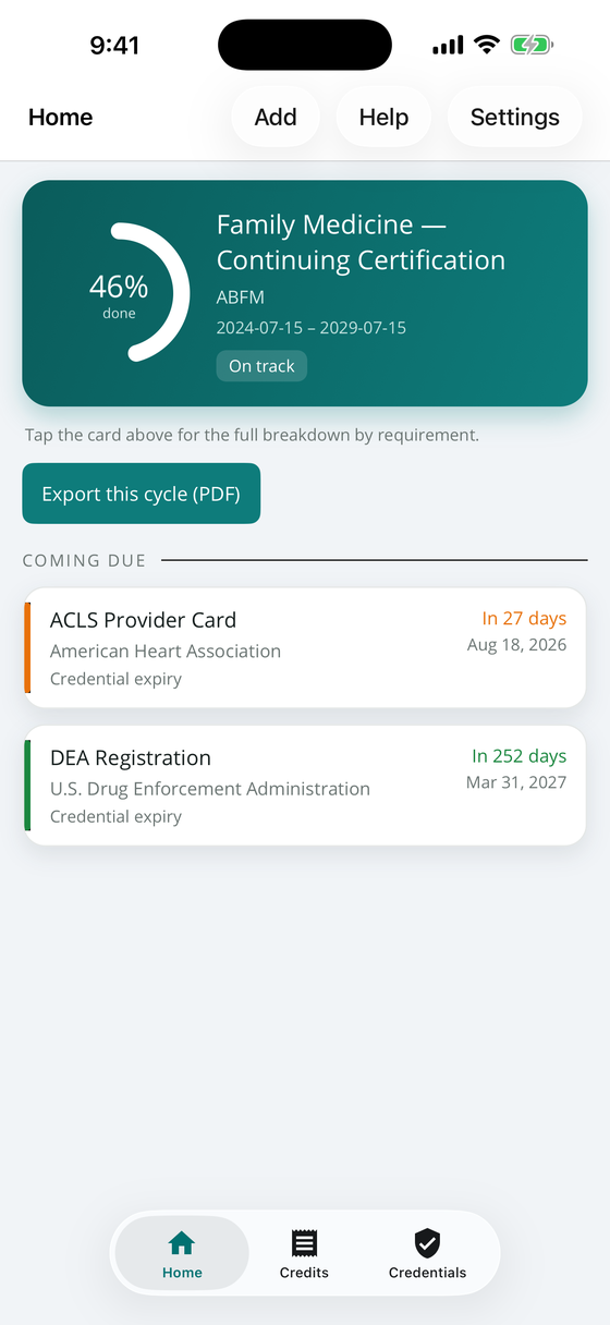 MedTally Pace home screen showing an on-track recertification cycle and an upcoming license deadline