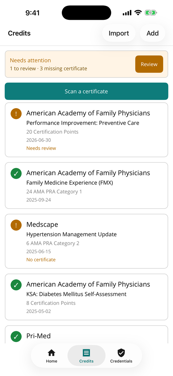 Credit ledger with confirmed and needs-review badges and a scan-a-certificate button