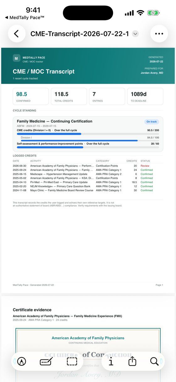 Exported PDF transcript with an embedded certificate-evidence appendix