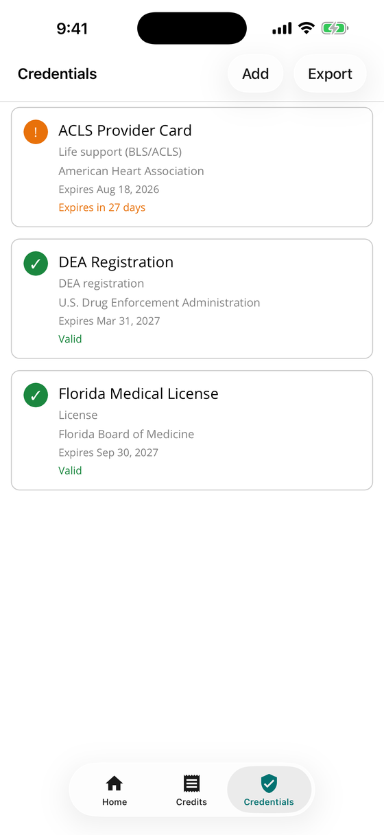 Credentials list with license and certification expiry countdowns