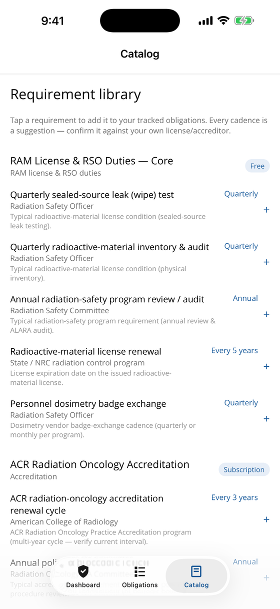 Requirement catalog of common radiation-oncology obligations to add