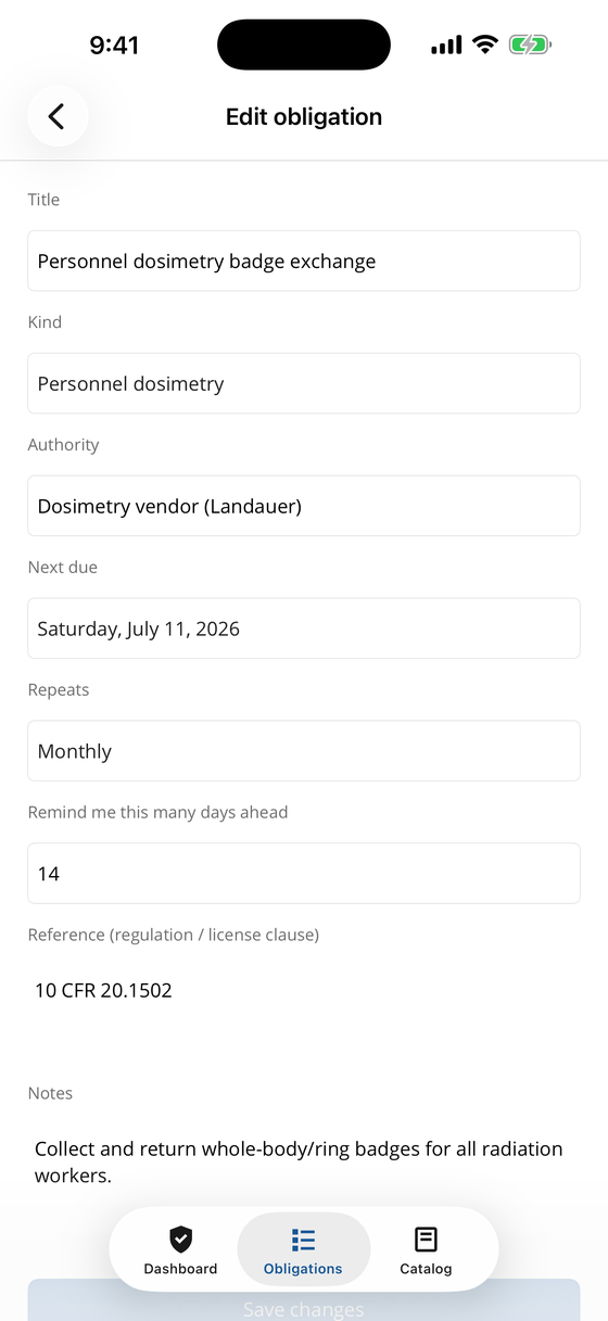 Obligation editor with recurrence, reminder lead time, and a regulatory reference