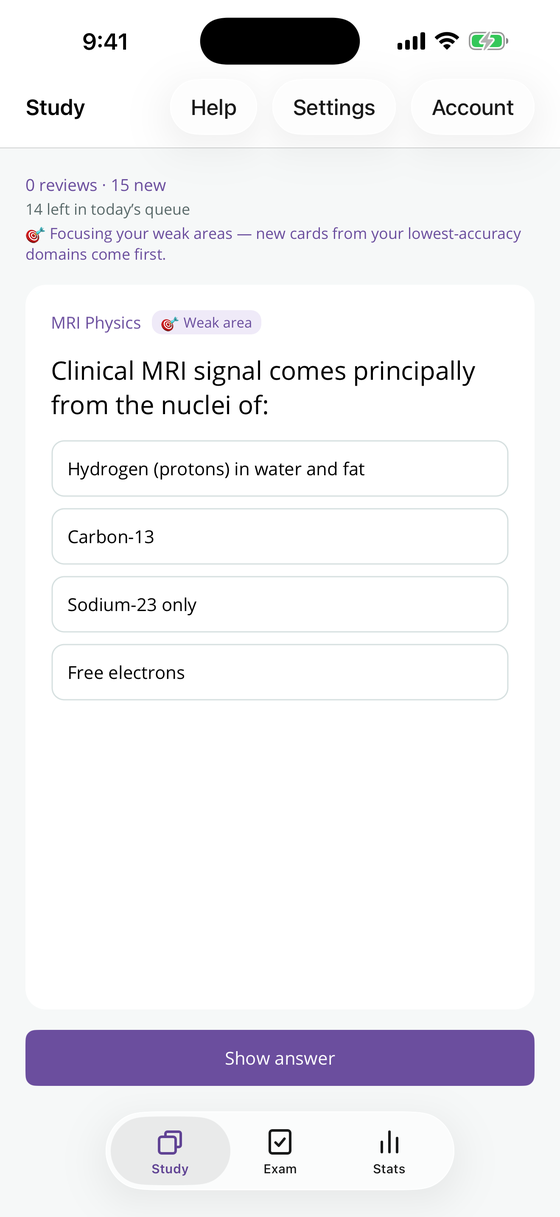 MedTally Learn review card showing a weak-area-targeted multiple-choice question