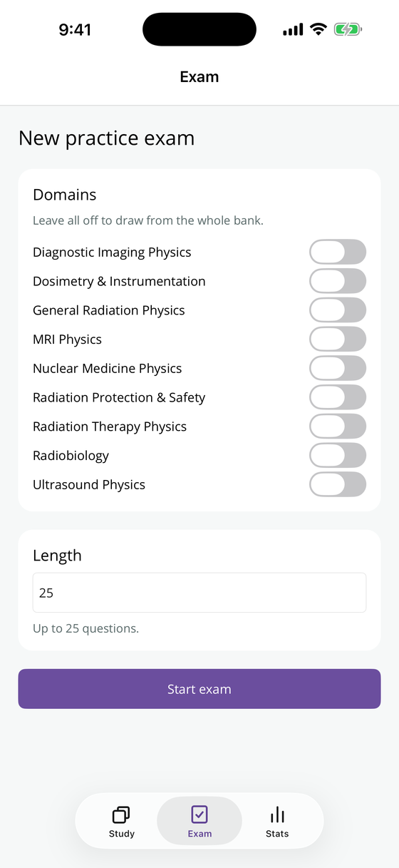 Practice-exam builder with domain toggles and a length picker